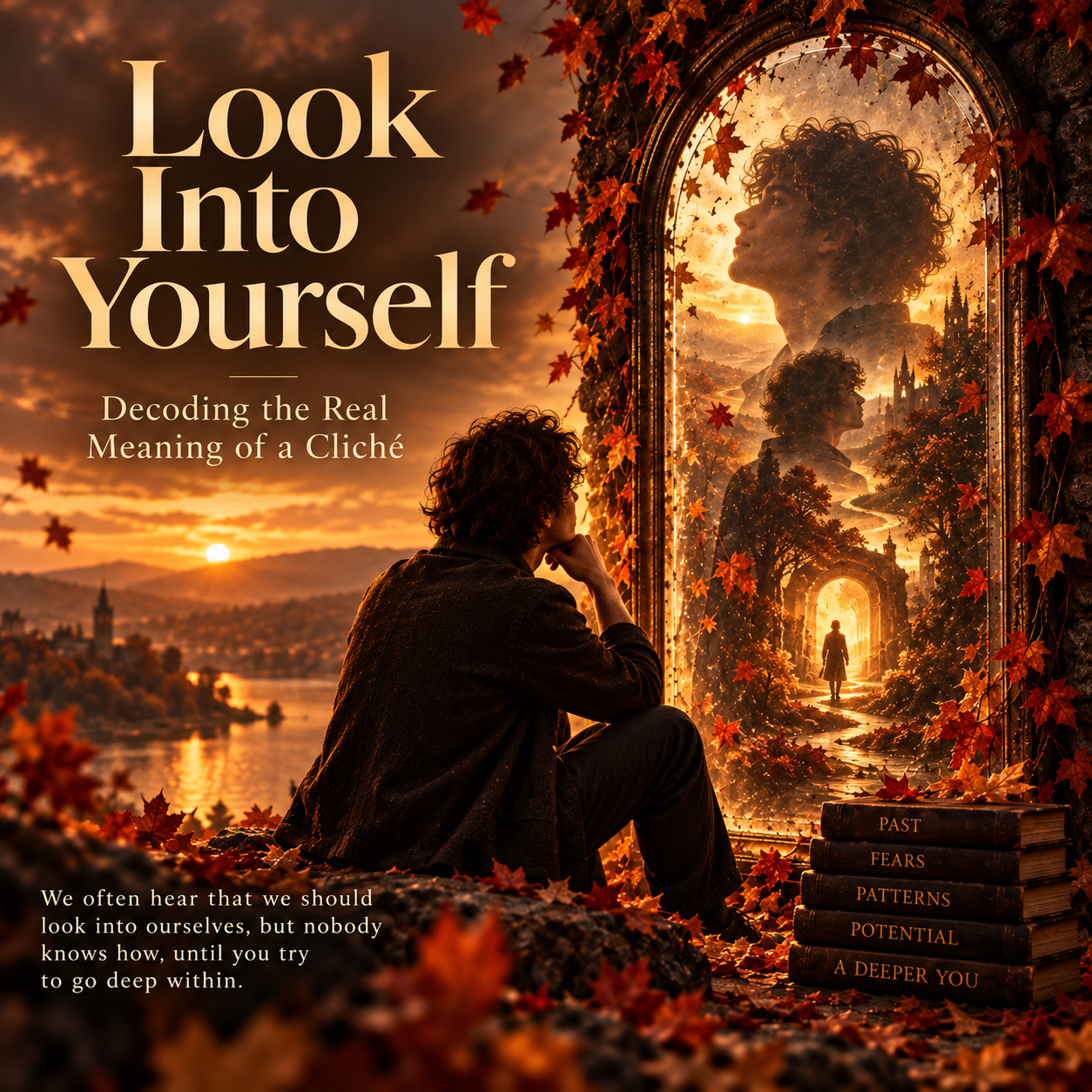 Look Into Yourself project artwork: a person facing a reflective portal in an autumn landscape