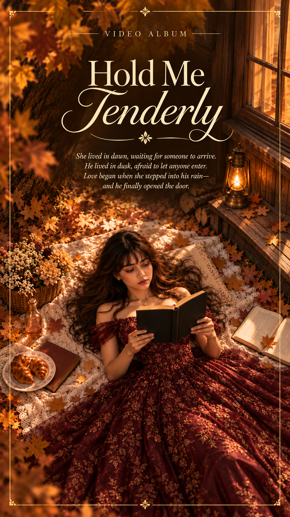 Hold Me Tenderly artwork: a woman reading among autumn leaves in warm light