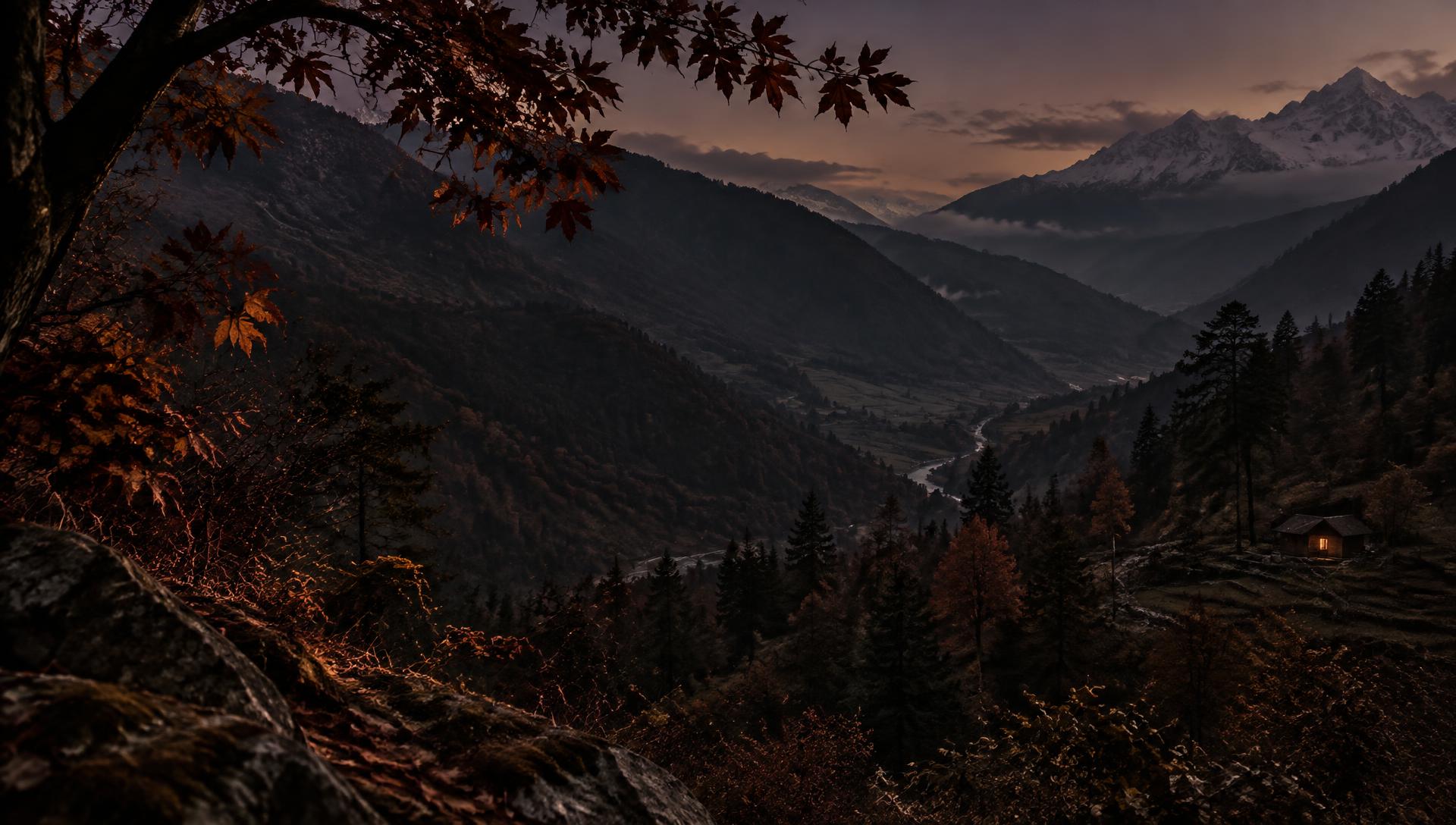 Autumn Himalayan valley at dusk with a distant amber-lit cabin
